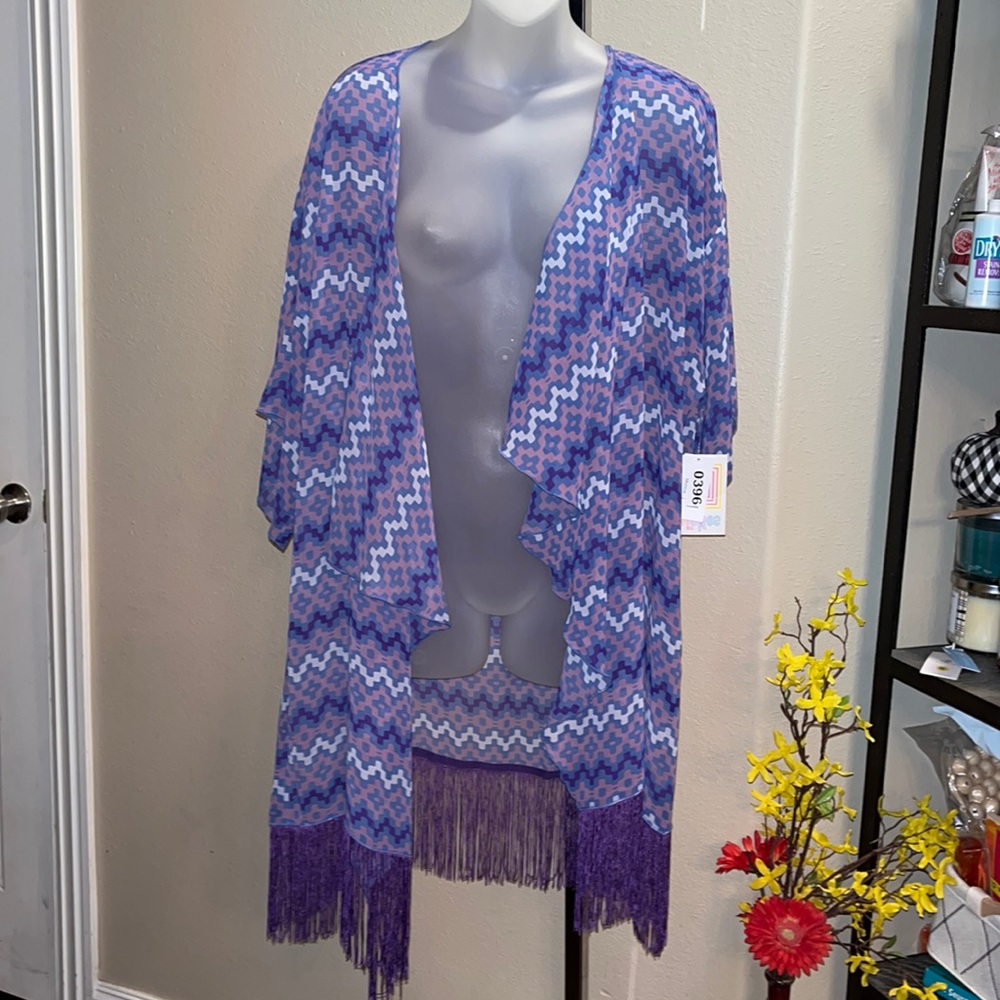 LuLaRoe Monroe Kimono Purple Fringe Cover-Up NWT Size Large Lightweight Layer